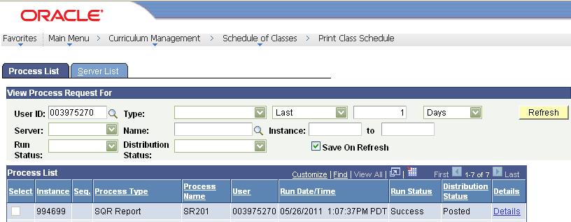 6.0 Process Monitor If you have selected a Web type report, click on the Process Monitor link on either the Print Class Schedule or Report Options tab to view status and download report.