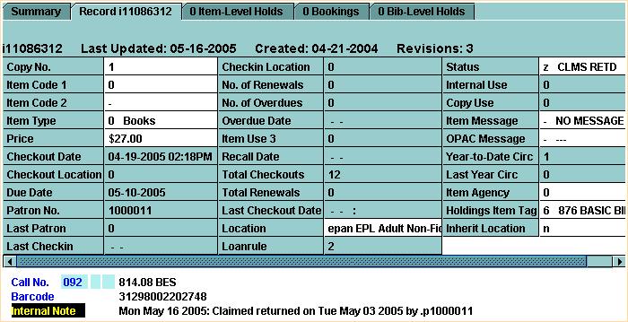 When you claim an item returned, Millennium Circulation places a claim return note in the item record