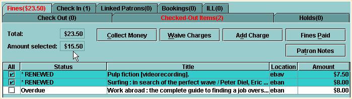 For each charge, Millennium Circulation lists the Status, Title, Location of the item or where the charge was generated, and the Amount.
