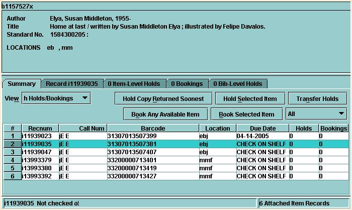 Print: Searching the Database to Retrieve Records Millennium Circulation displays the brief bibliographic record in the top section of the screen, and the Holds Summary tab in the lower section.