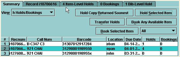 But in the case of the item-level holds, the number will appear only when you have selected an item record that actually has holds. You will know this from the right-hand column labeled Holds.