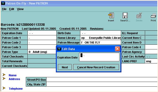 Print: Creating Patron Records "On-The-Fly" When you are finished entering the data, Millennium Circulation allows you to edit the Patron Record you just created to make any