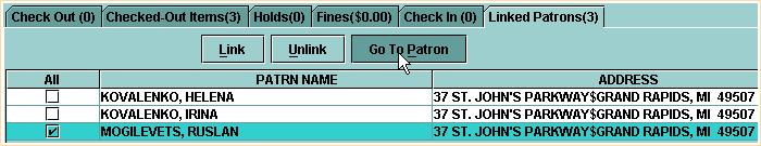 To do this, select the patron from the table and choose the Go To Patron button. Millennium Circulation retrieves the selected Patron Record.