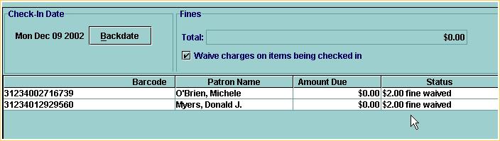 Print: Waiving Fines And Collecting Money At Check-In By default, the Waive charges on items being checked in check box is present but not selected.