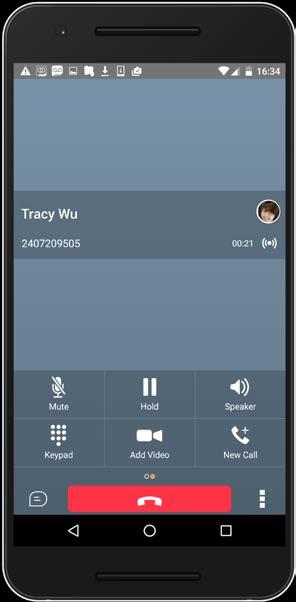 7.4 In Call Actions Figure 3 In Call Screen While on a VoIP call, from the In Call screen, you can perform the following actions: End a call Mute the microphone Place a call on hold Adjust the volume