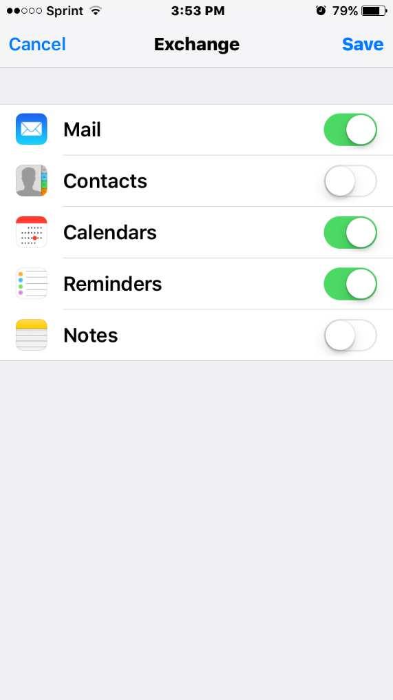 6) Choose which types of Exchange data you would like to have synched with your iphone (Mail, Contacts, Calendars