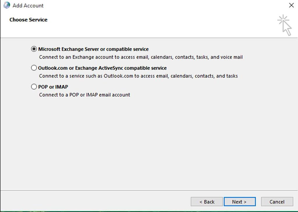 3. In the following box, choose Microsoft Exchange Server or compatible service & click Next 4.