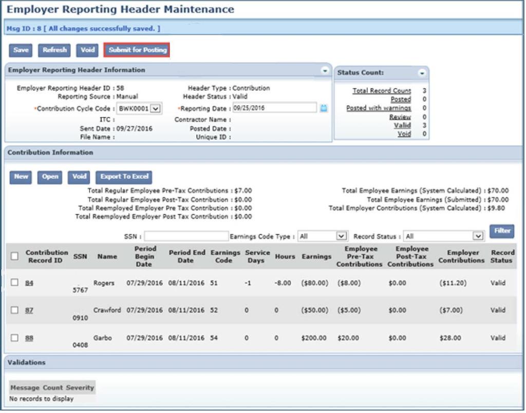 The system displays the Employer Reporting Header Maintenance screen, where you can submit the file for