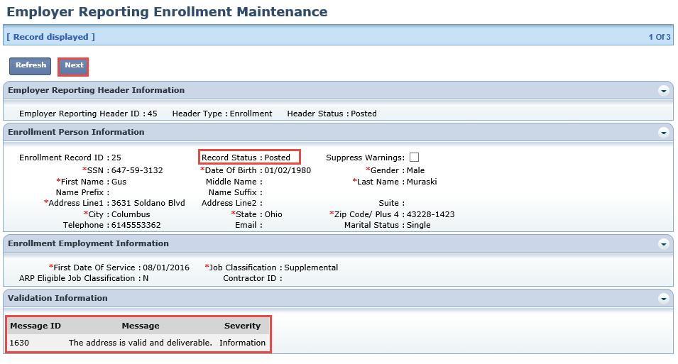 On the Employer Reporting Enrollment Maintenance screen, the detailed enrollment information for this member is shown.