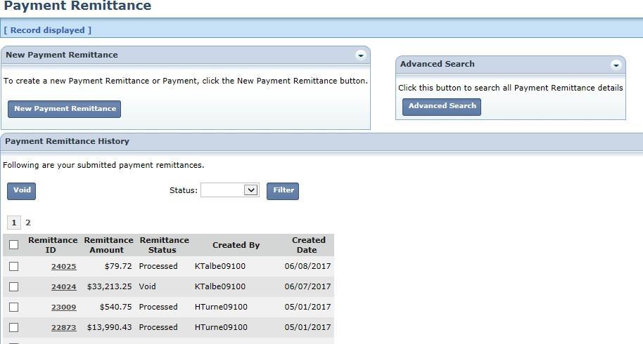 Payment Remittance History On the Payment Remittance screen, the Payment