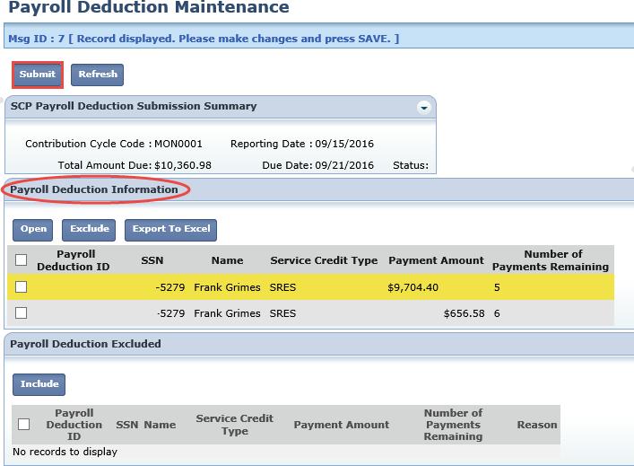 Starting a new submission takes the user to the Payroll Deduction Maintenance screen.