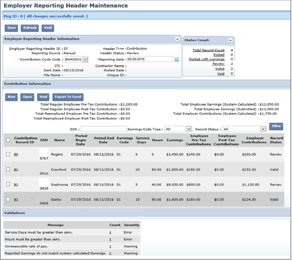 This screen gives detailed information for each record that is uploaded or manually entered into esers.