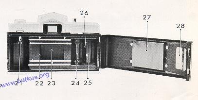 shoe mount (20) Film lever take-up (21) Cassette spindle (22) Film chamber (23) Light shield plate (24) Sprocket