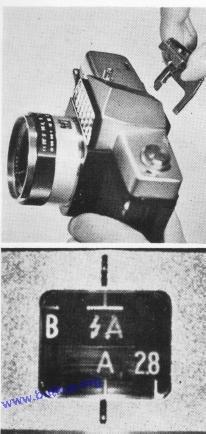 Diaphragm scale indicates the following values: A 2.8 5.6 11 22 (4) (8) (16) In manual operation, shutter cannot he adjusted if diaphragm adjusting knob is set at "A".