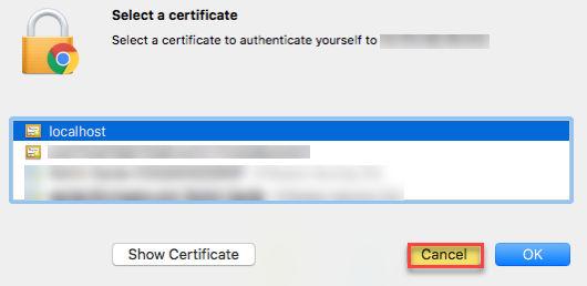 4 You can log in to the Appliance using either the admin credentials or using the certificate. a If you want to log in to the Appliance using the admin credentials, click Cancel.