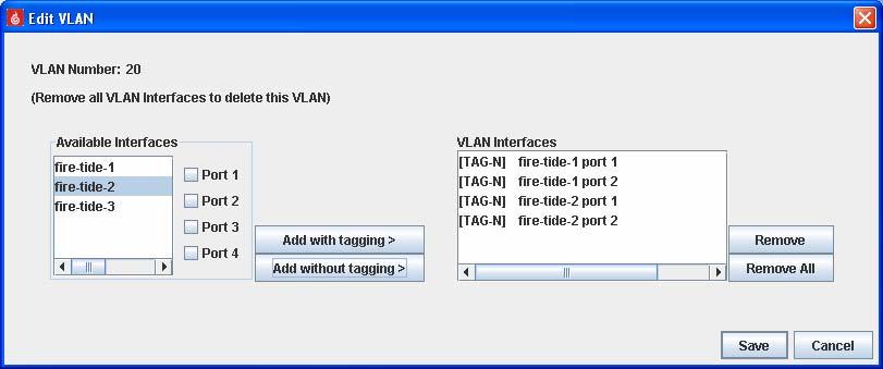 Repeat the same procedure for fire-tide-2 to add ports 1 and 2 to VLAN 20. Click Save as shown below. Note the differences between the configurations add without tagging and add with tagging.
