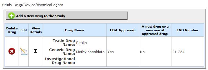 You can delete the drug by clicking the icon in the Delete Drug column. To edit the study-specific drug information, click the icon in the Edit column.