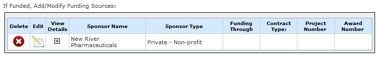 When you select a sponsor to add them to a study, the table for Sponsor Information will populate with that sponsor and any additional details available for the sponsor.