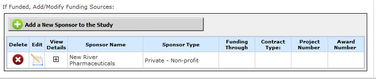 If your system is setup to allow only one sponsor per study, the button to add sponsors to the study will not appear, as seen in the image below.