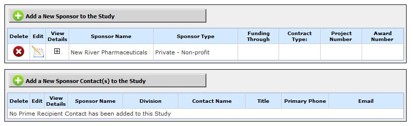If your system does not restrict the number of sponsors allowed per study, you can add additional sponsors to the study by clicking on the Add a New Sponsor to the Study button and following the same