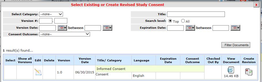 To make changes to the document, click the icon in the Edit column, as highlighted in the image below. This triggers the Study Consent Revision window to open.
