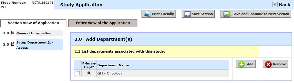 Click Save and Continue to the Next Section button in the upper right corner of the screen after the Study Title and Study Number have been added to this section as shown in the above image.