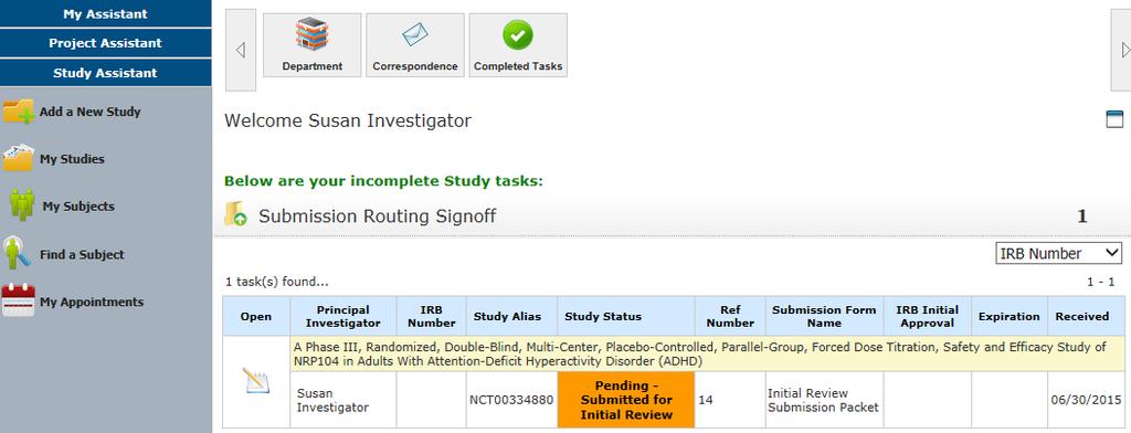 When the task is opened, the Submission Routing Signoff Sheet will display. At the top of the page, the Study Title and Submission Reference Number are listed.