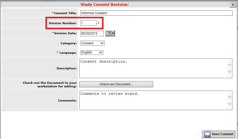 If you select to revise, the system will create the next version of the revised document. An example of a revised Consent form is shown below.