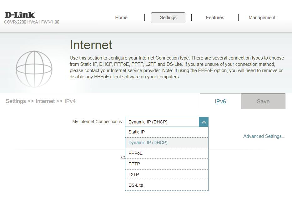 Internet IPv4 In the Settings menu on the bar on the top of the page, click Internet to see the Internet configuration options.