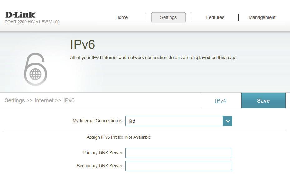 6rd In this section the user can configure the IPv6 6rd connection settings. Assign IPv6 Prefix: Currently unsupported. Primary DNS Server: Secondary DNS Server: Enter the primary DNS server address.