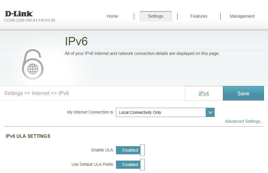 Local Connectivity Only Local Connectivity Only allows you to set up an IPv6 connection that will not connect to the Internet.