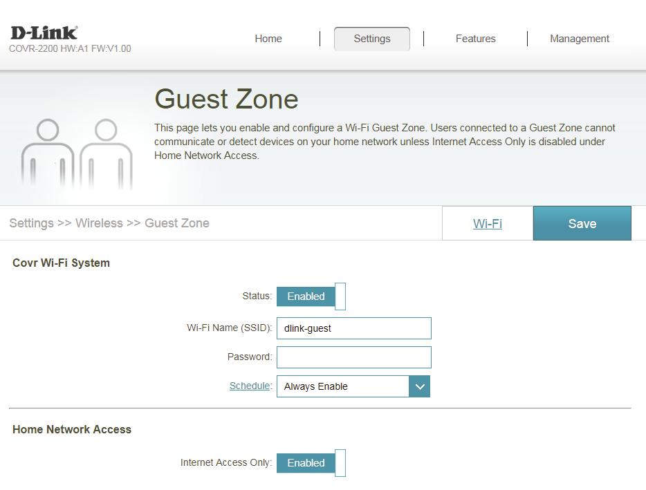 Guest Zone The Guest Zone feature will allow you to create a temporary wireless network that can be used by guests to access the Internet. This zone will be separate from your main Covr Wi-Fi network.