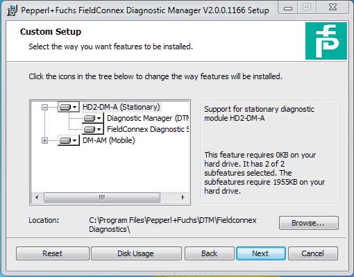 Download Package "FieldConnex Diagnostic Manager only" 8. Choose software installation for HD2-DM-A or/and the mobile DM-AM. 9. Enter the installation location and click Next.