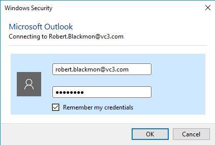 3. Enter your E-mail Address and password. Then click the check box for Remember my credentials 4. Click OK 5.