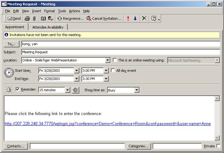 SmileTiger emeeting Server 2008 - Client Guide 66 18.9 Send Meeting Invitation Microsoft Outlook is embedded within the SmileTiger emeeting to send meeting invitations.