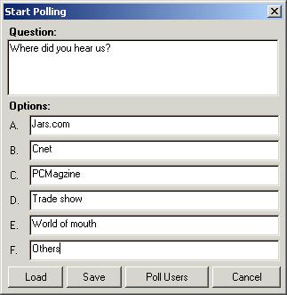 SmileTiger emeeting Server 2008 - Client Guide 67 18.10 Polling This feature enables the moderator to poll the meeting participants during a meeting. 18.10.1 Poll Users 1. Click button on the toolbar.