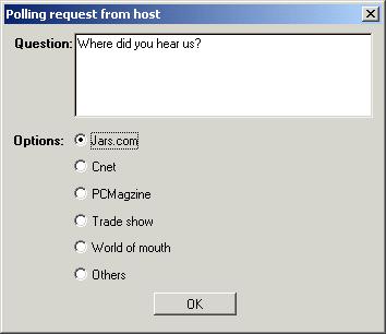 SmileTiger emeeting Server 2008 - Client Guide 71 18.10.4 Response A Polling Request 1. When the polling request arrives, a response dialog automatically pops out in the front. See Figure 54.