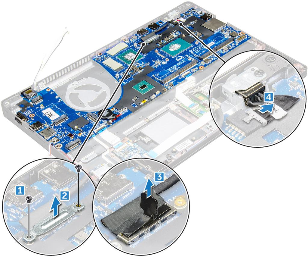 e f g h i j k WWAN card SSD card or hard drive memory module heat sink assembly coin cell battery Power connector port chassis frame 3 To release the system board: a Remove the M2.0x3.