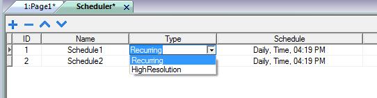 Figure 130 The Name" column is for the Schedule name. The Type" column allows you to select the type of scheduler.