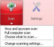 To start manually scanning your computer: 1. On the main page, click the arrow under Scan. The scanning options are shown. 2. Select the type of scan.