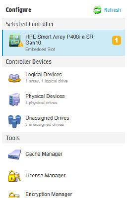 When a controller is selected, the following elements appear: Controller Devices and Tools This panel, at left, displays systems, controllers, arrays, physical devices, unassigned drives, cache