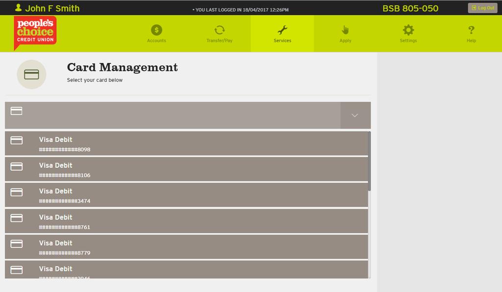 Card Management PIN Change Select the Services tab from the top of the screen and select Card Management from the
