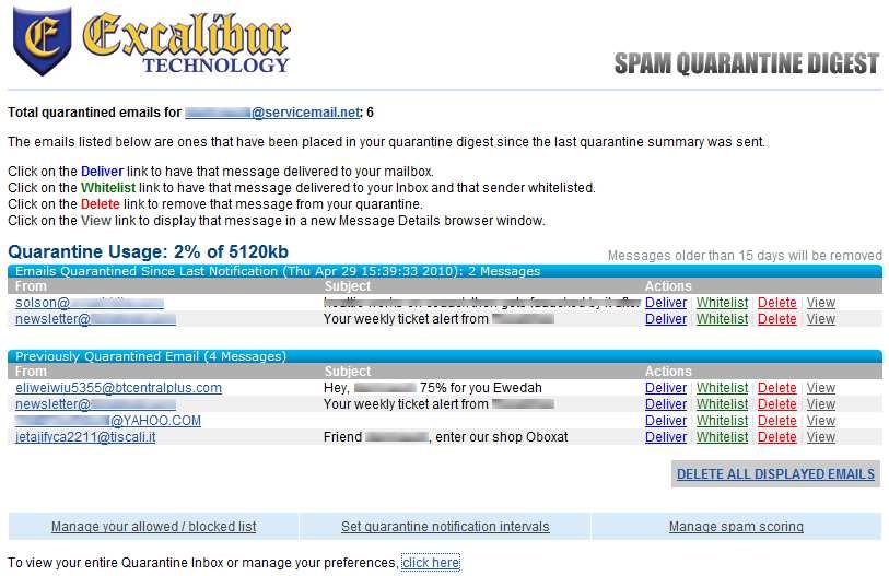 notification interval and spam scoring preference panels is also available via links that appear beneath the quarantined message list. These preferences are explained later in this document.