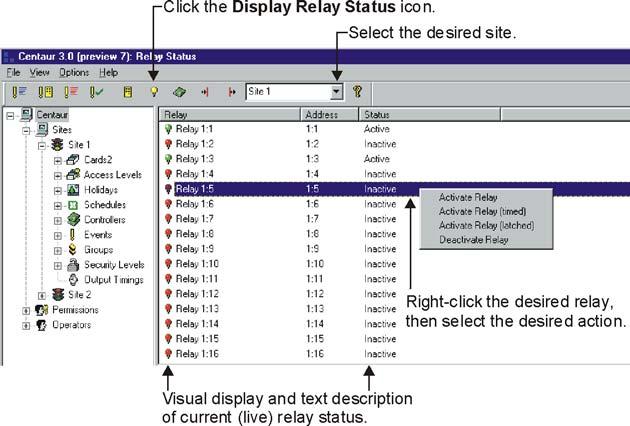 Figure 44: Display Relay Status Displaying Controller Status When you click on the Controller Status icon, from the menu bar, Centaur will display the current (live) status of the controllers in