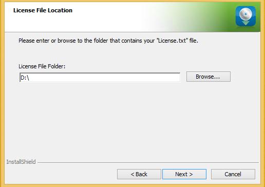 License File Location Screen To license the software, follow these steps: 1. Click the Browse button. 2.