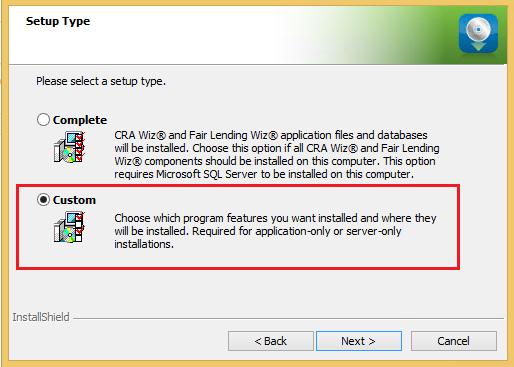 Setup Type Screen You use the Setup Type screen to select which Wiz Server components you want to