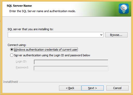 SQL Server Name Screen You use the SQL Server Name screen to specify the SQL Server you re installing to, how you log into your SQL Server database (via Windows Authentication or SQL Server