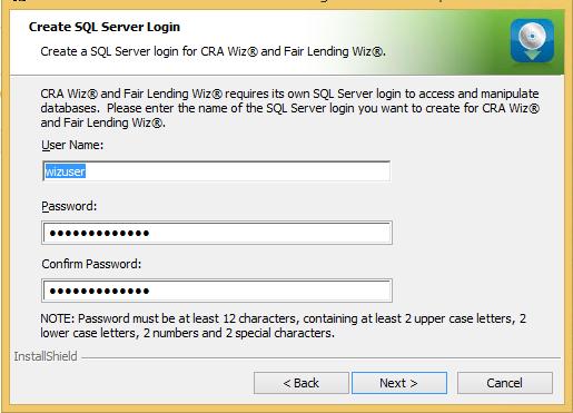 Create SQL Server Login Screen You use the Create SQL Server Login screen to create a SQL Server account user name and password: To create your SQL Server login information, follow these steps: Note: