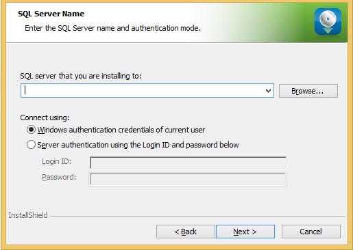 SQL Server Name Screen You use the SQL Server Name screen to specify the SQL Server you re installing to, how you log into your SQL Server database (via Windows Authentication or SQL Server