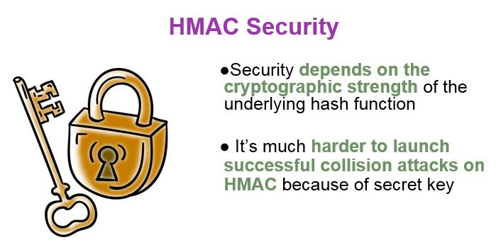 P2_L8 - Hashes Page 10 Let's discuss the security of HMAC. First of all, the security of HMAC depends on the cryptographic strength of the underlying hash function.